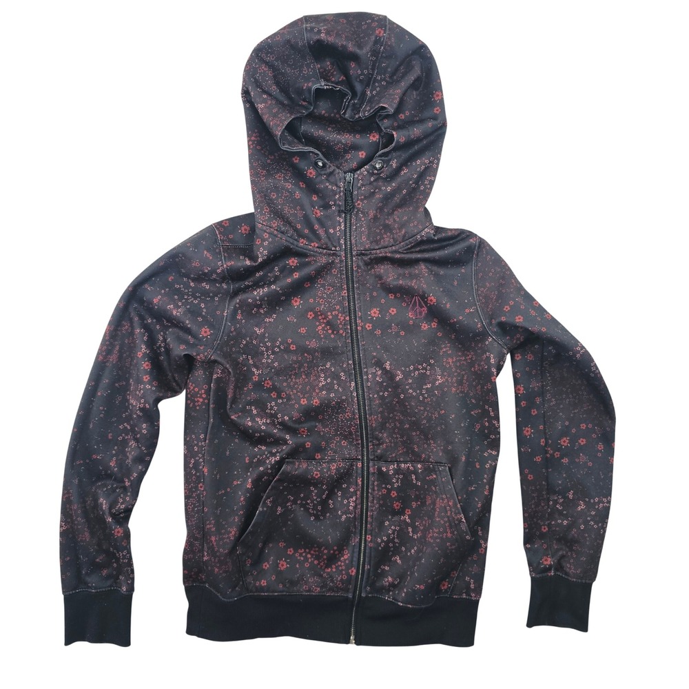 Volcom Womens Black Red Floral‎ Print Full Zip Hoodie Sweatshirt Fleece Jacket